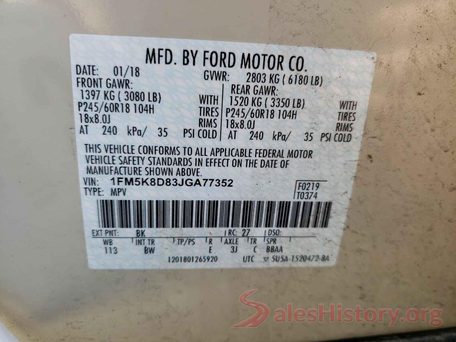 1FM5K8D83JGA77352 2018 FORD EXPLORER