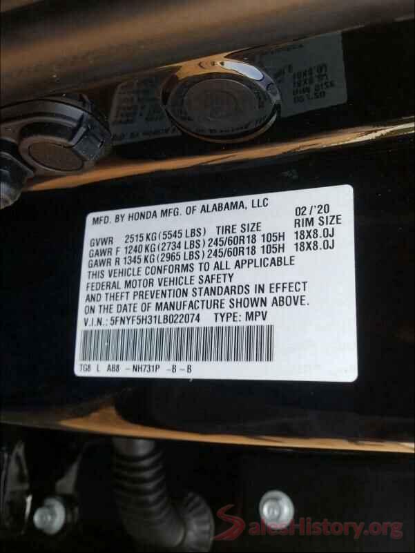 5FNYF5H31LB022074 2020 HONDA PILOT