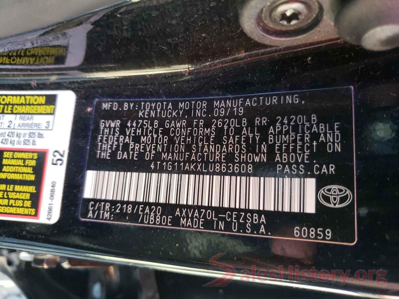 4T1G11AKXLU863608 2020 TOYOTA CAMRY