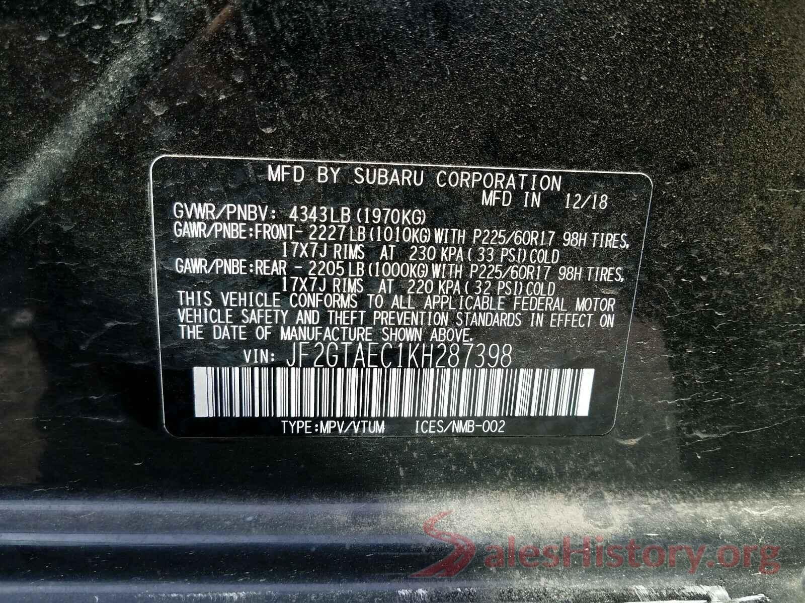 JF2GTAEC1KH287398 2019 SUBARU CROSSTREK