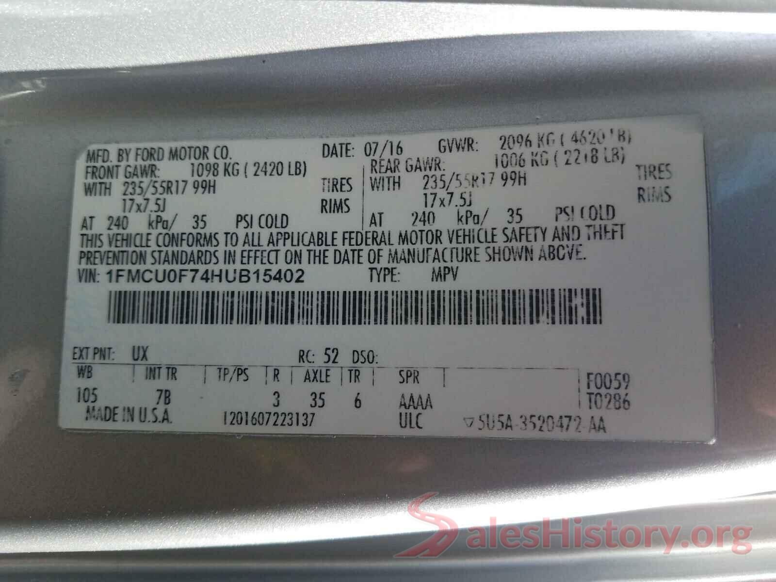 1FMCU0F74HUB15402 2017 FORD ESCAPE