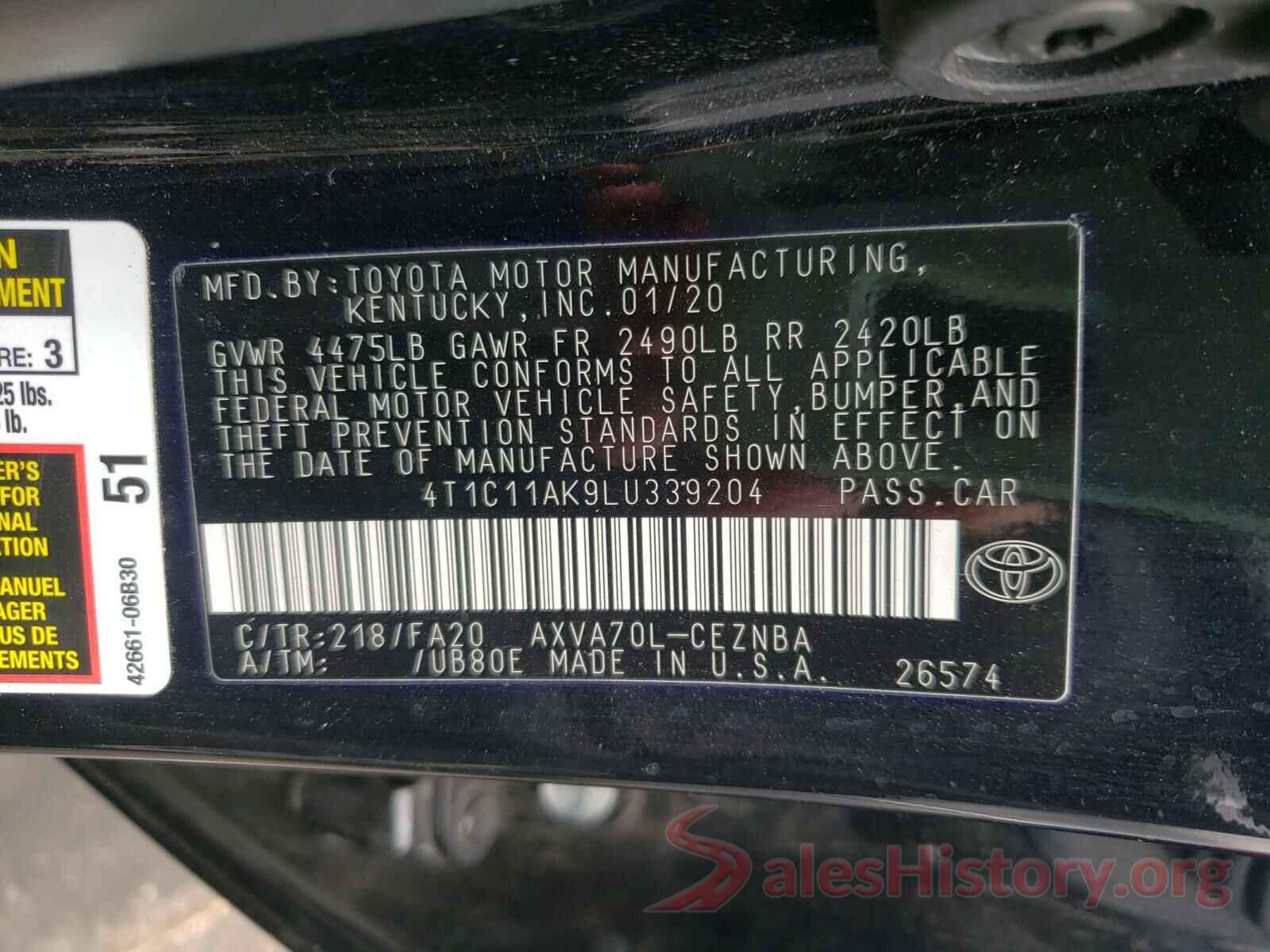 4T1C11AK9LU339204 2020 TOYOTA CAMRY