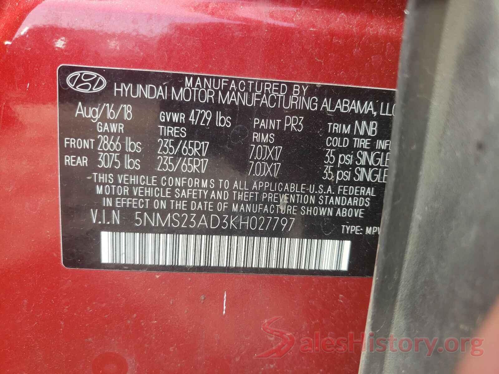 5NMS23AD3KH027797 2019 HYUNDAI SANTA FE