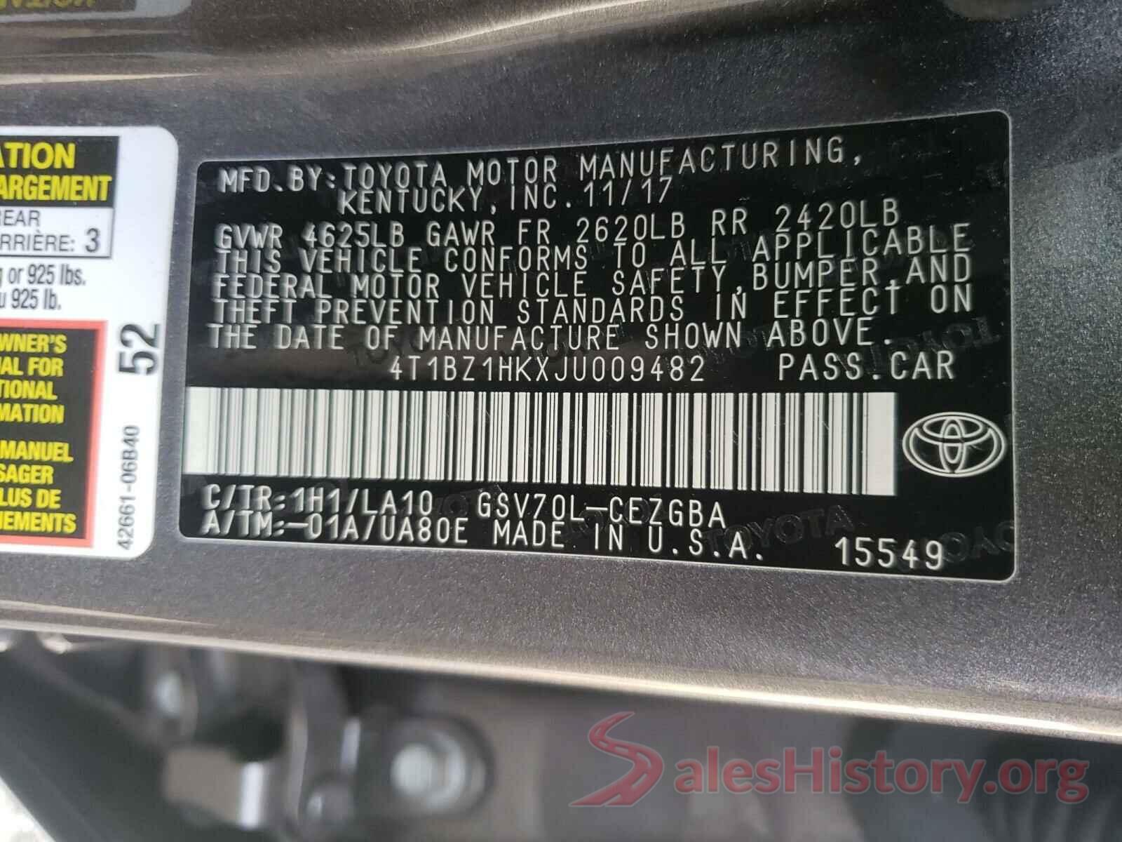 4T1BZ1HKXJU009482 2018 TOYOTA CAMRY