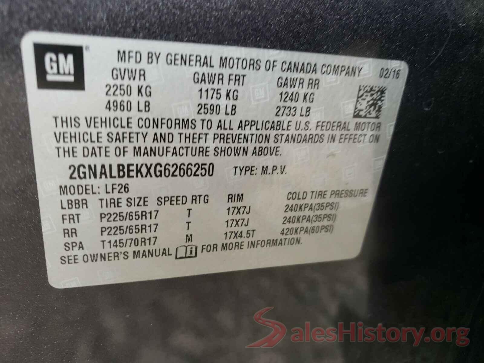 2GNALBEKXG6266250 2016 CHEVROLET EQUINOX