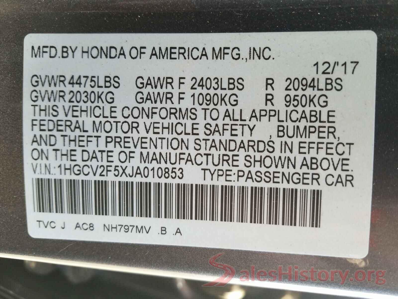 1HGCV2F5XJA010853 2018 HONDA ACCORD