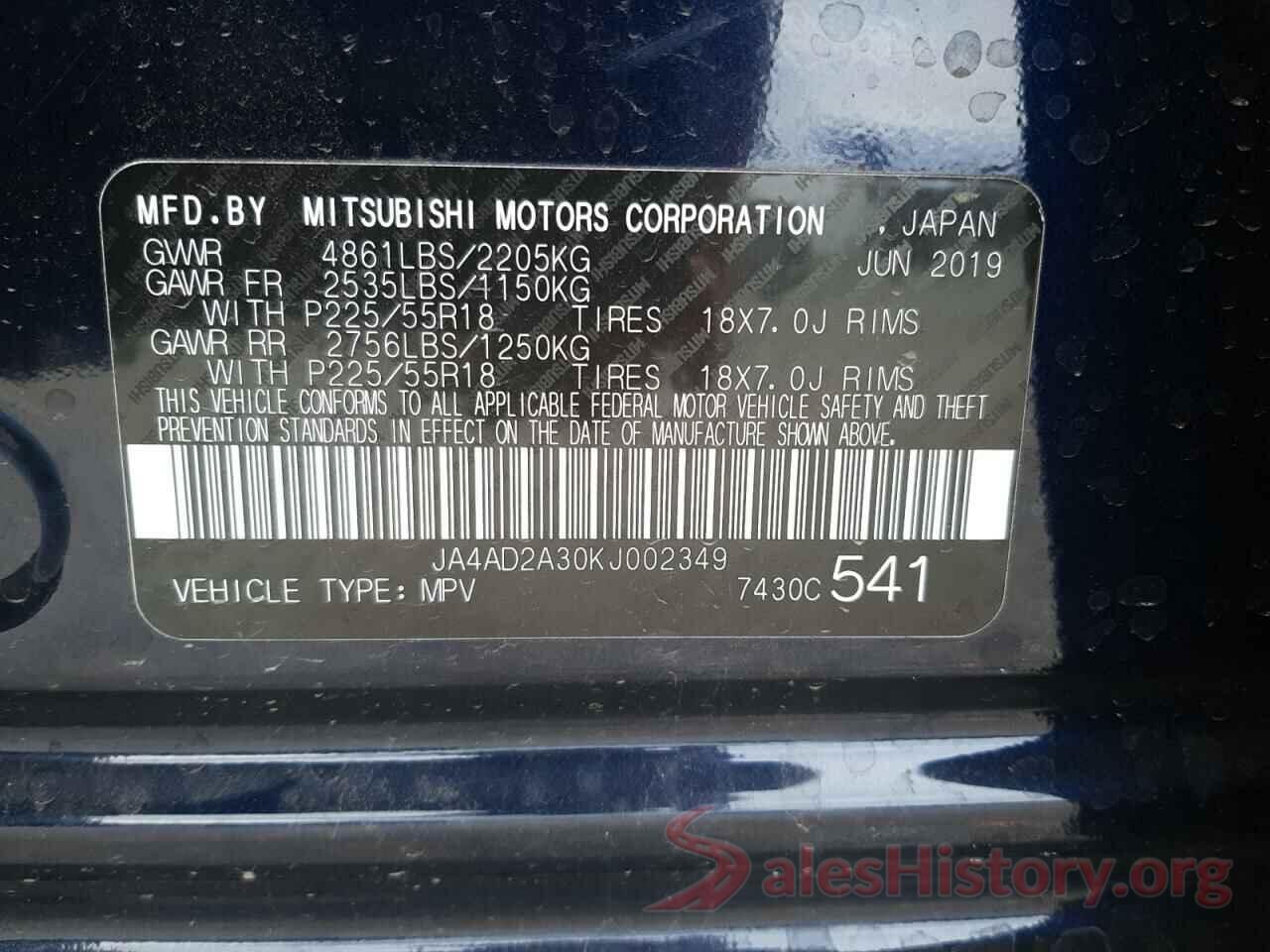 JA4AD2A30KJ002349 2019 MITSUBISHI OUTLANDER