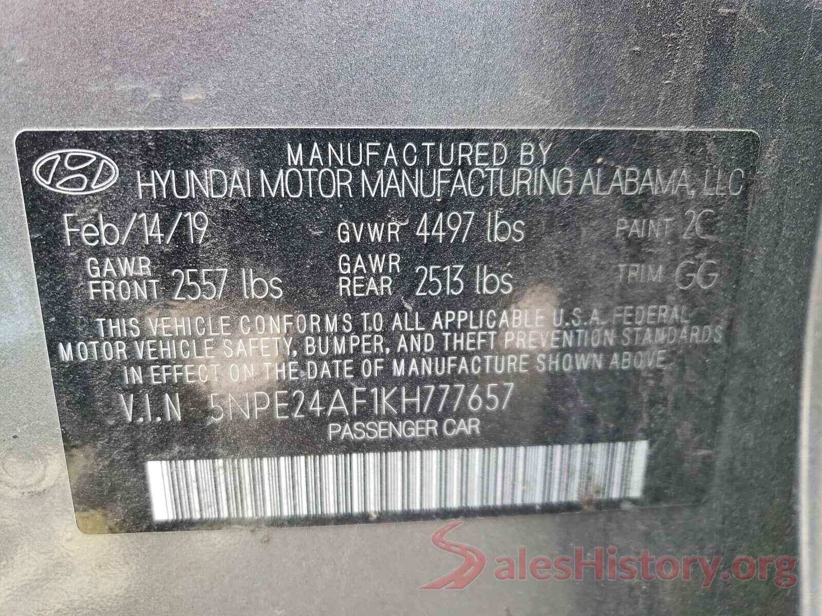 5NPE24AF1KH777657 2019 HYUNDAI SONATA