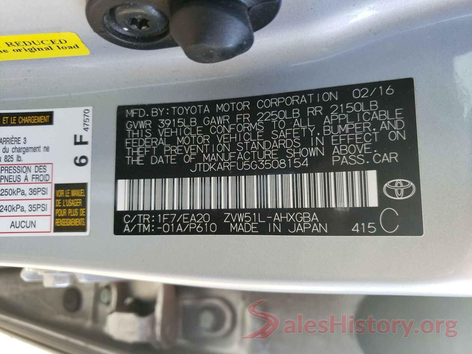 JTDKARFU5G3508154 2016 TOYOTA PRIUS