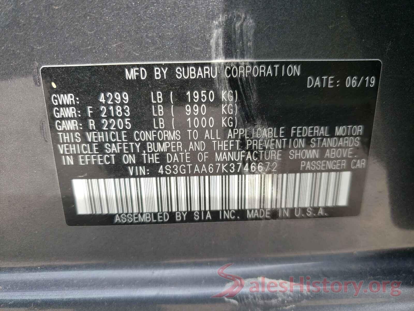 4S3GTAA67K3746672 2019 SUBARU IMPREZA