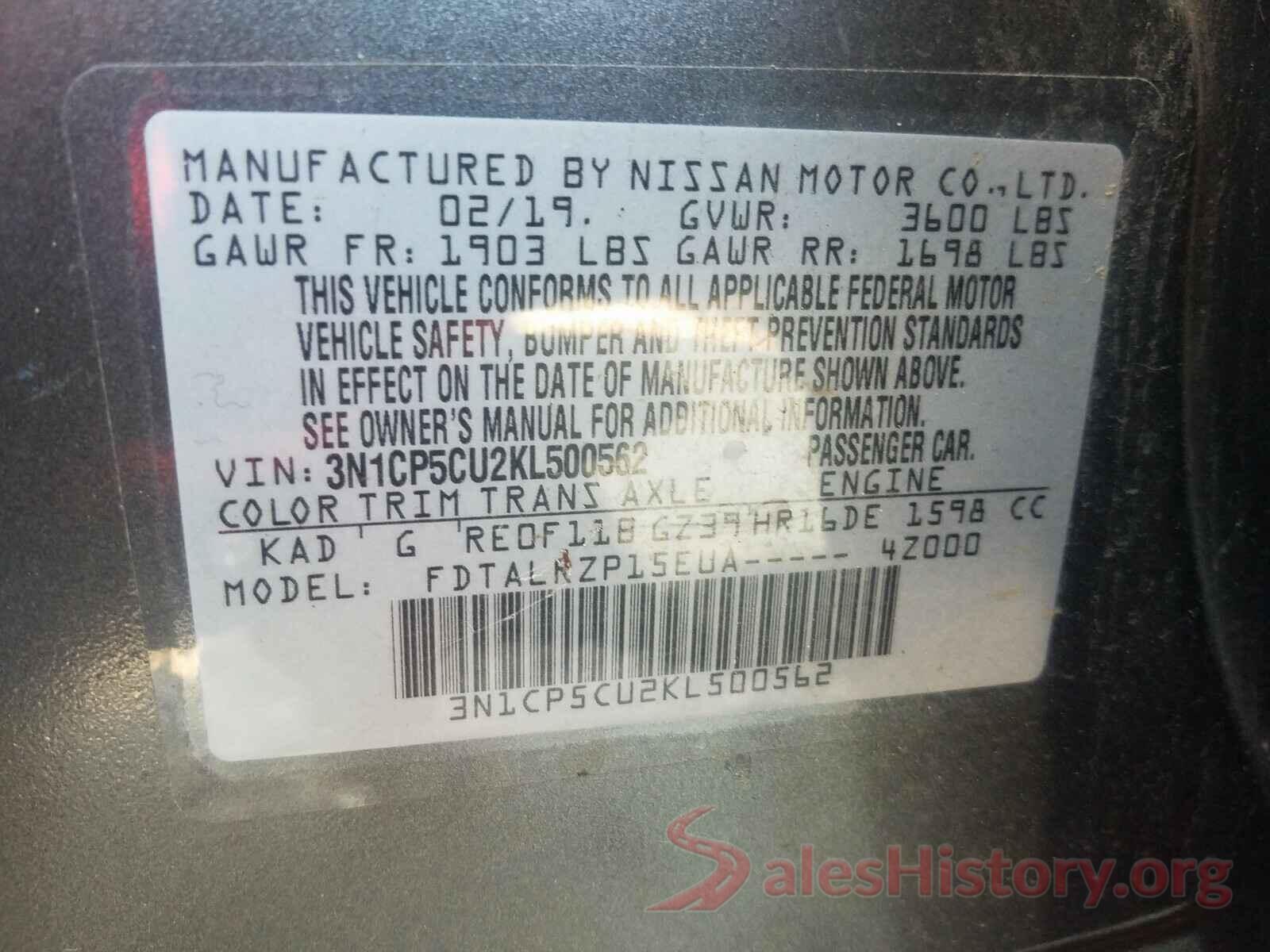 3N1CP5CU2KL500562 2019 NISSAN KICKS