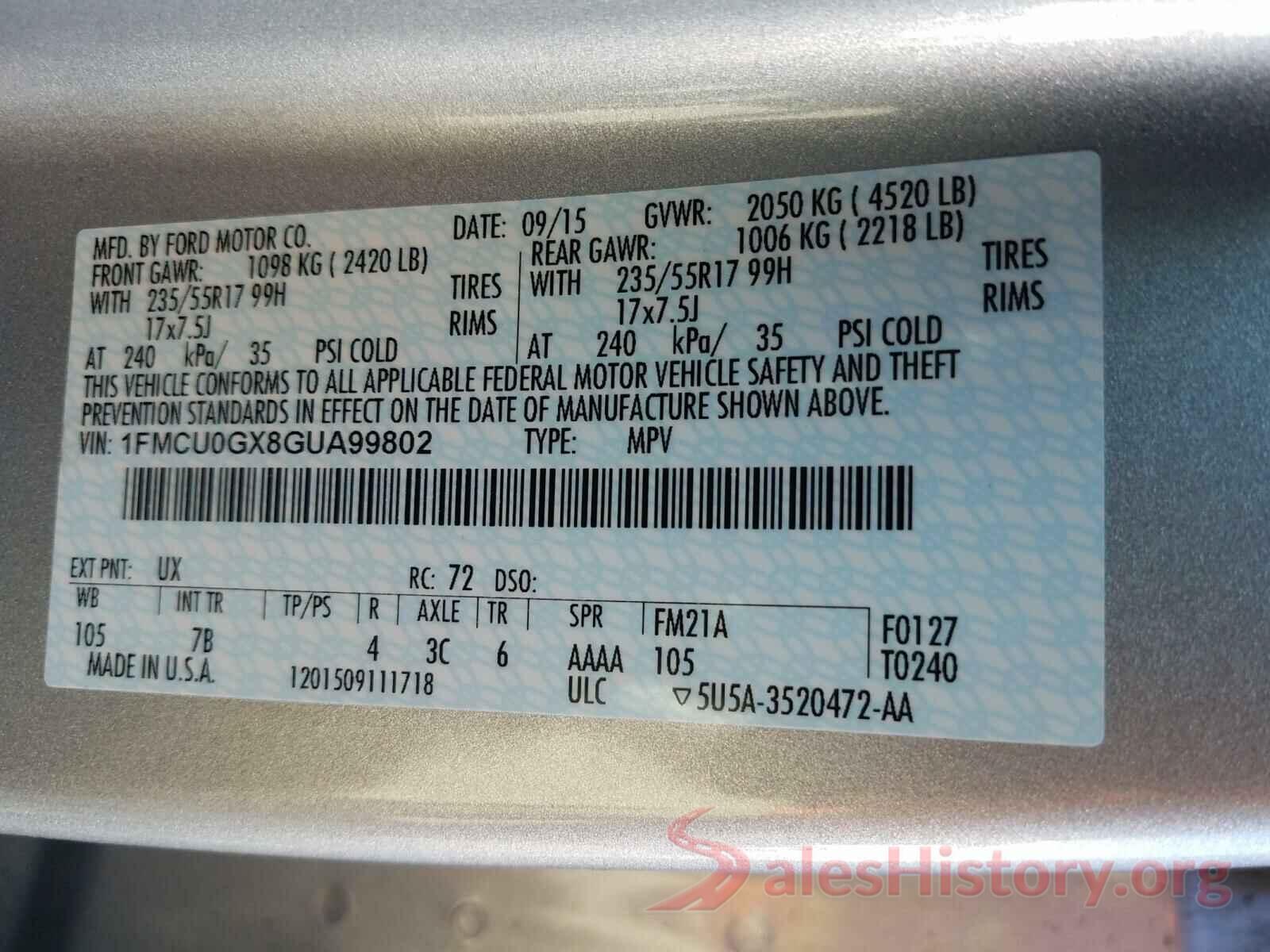 1FMCU0GX8GUA99802 2016 FORD ESCAPE