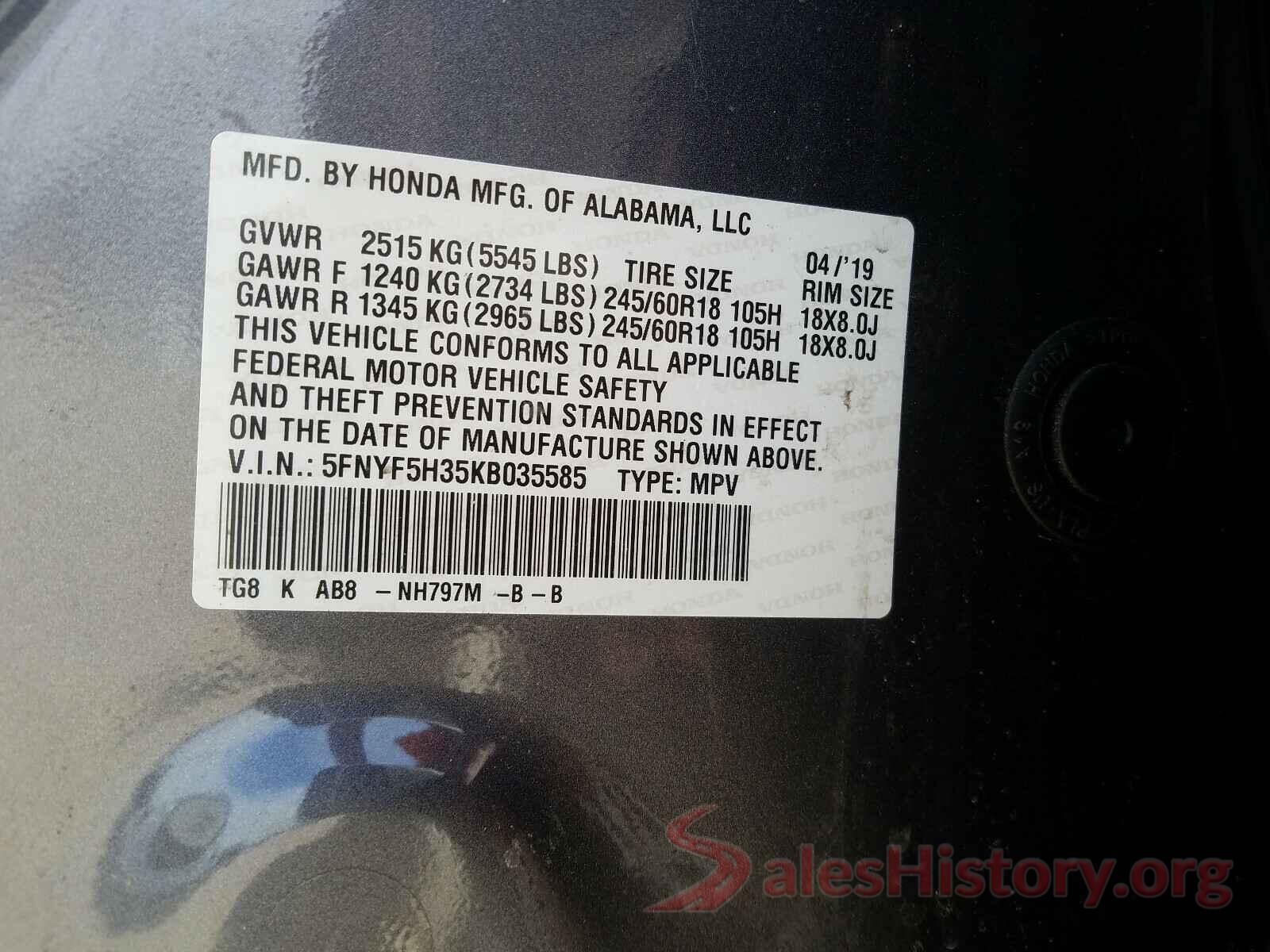 5FNYF5H35KB035585 2019 HONDA PILOT