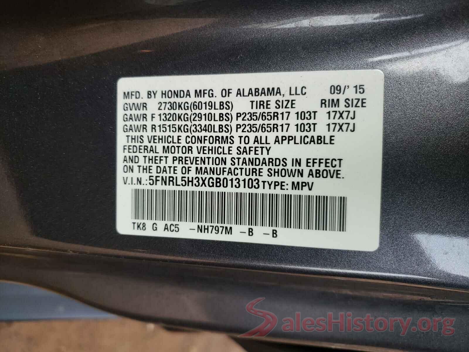 5FNRL5H3XGB013103 2016 HONDA ODYSSEY