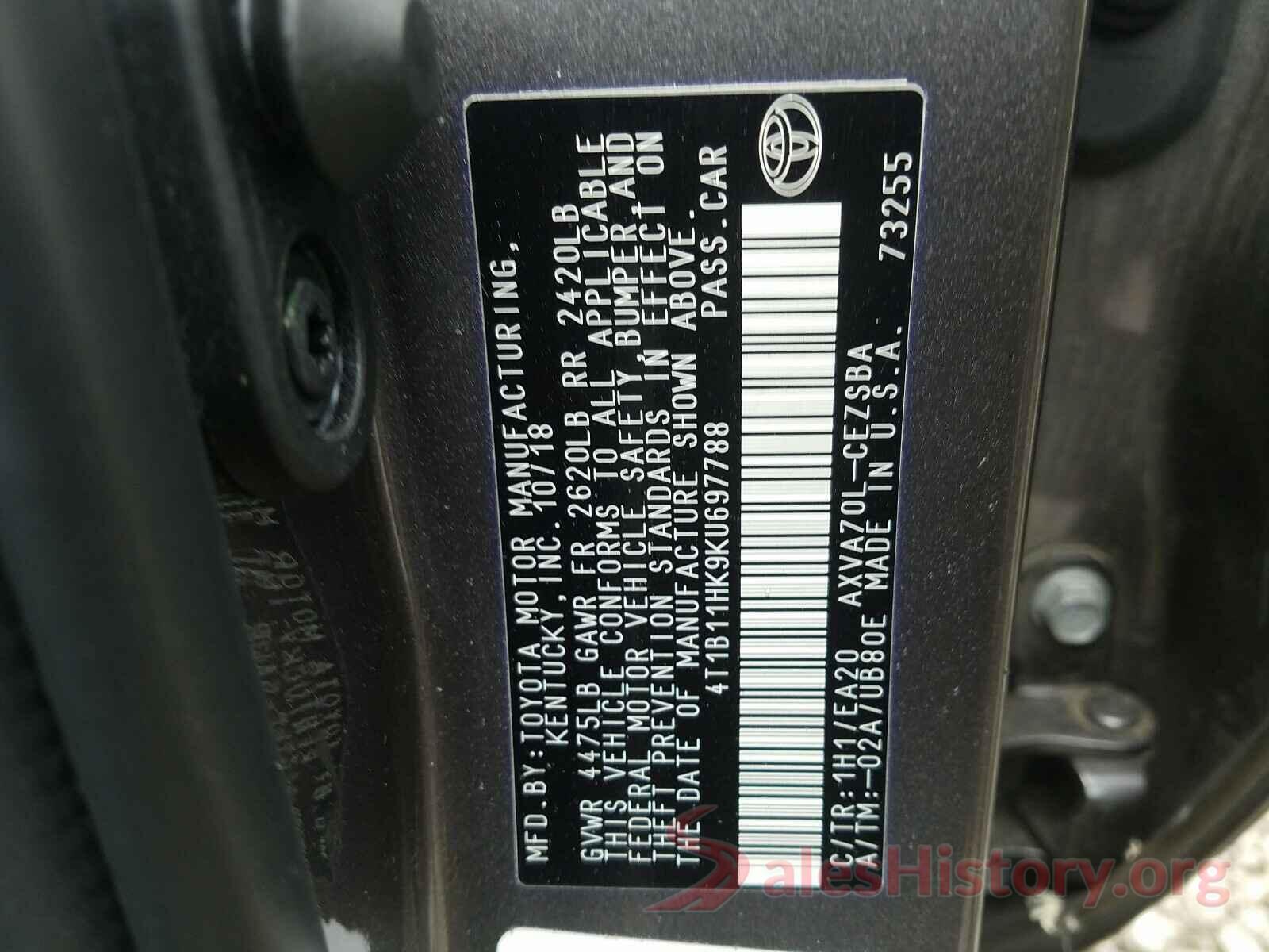 4T1B11HK9KU697788 2019 TOYOTA CAMRY