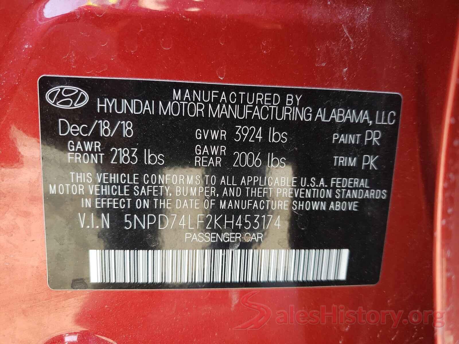 5NPD74LF2KH453174 2019 HYUNDAI ELANTRA