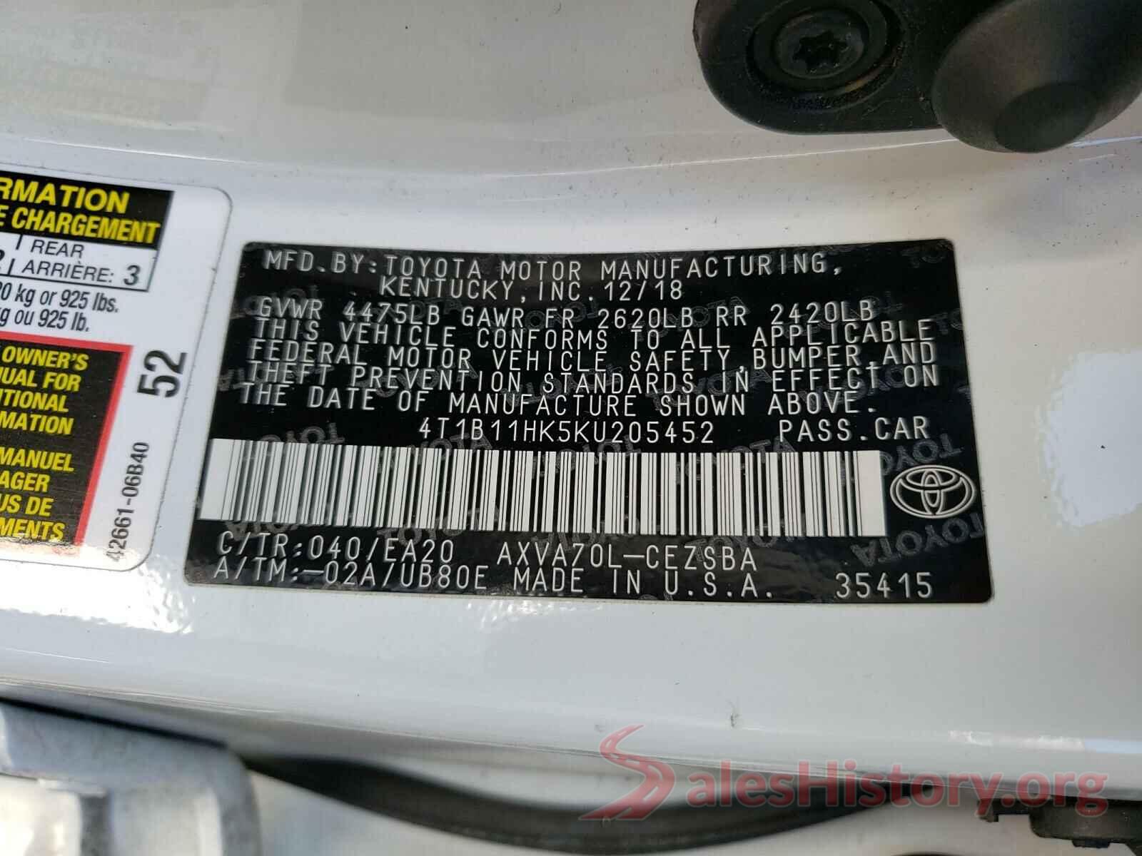 4T1B11HK5KU205452 2019 TOYOTA CAMRY