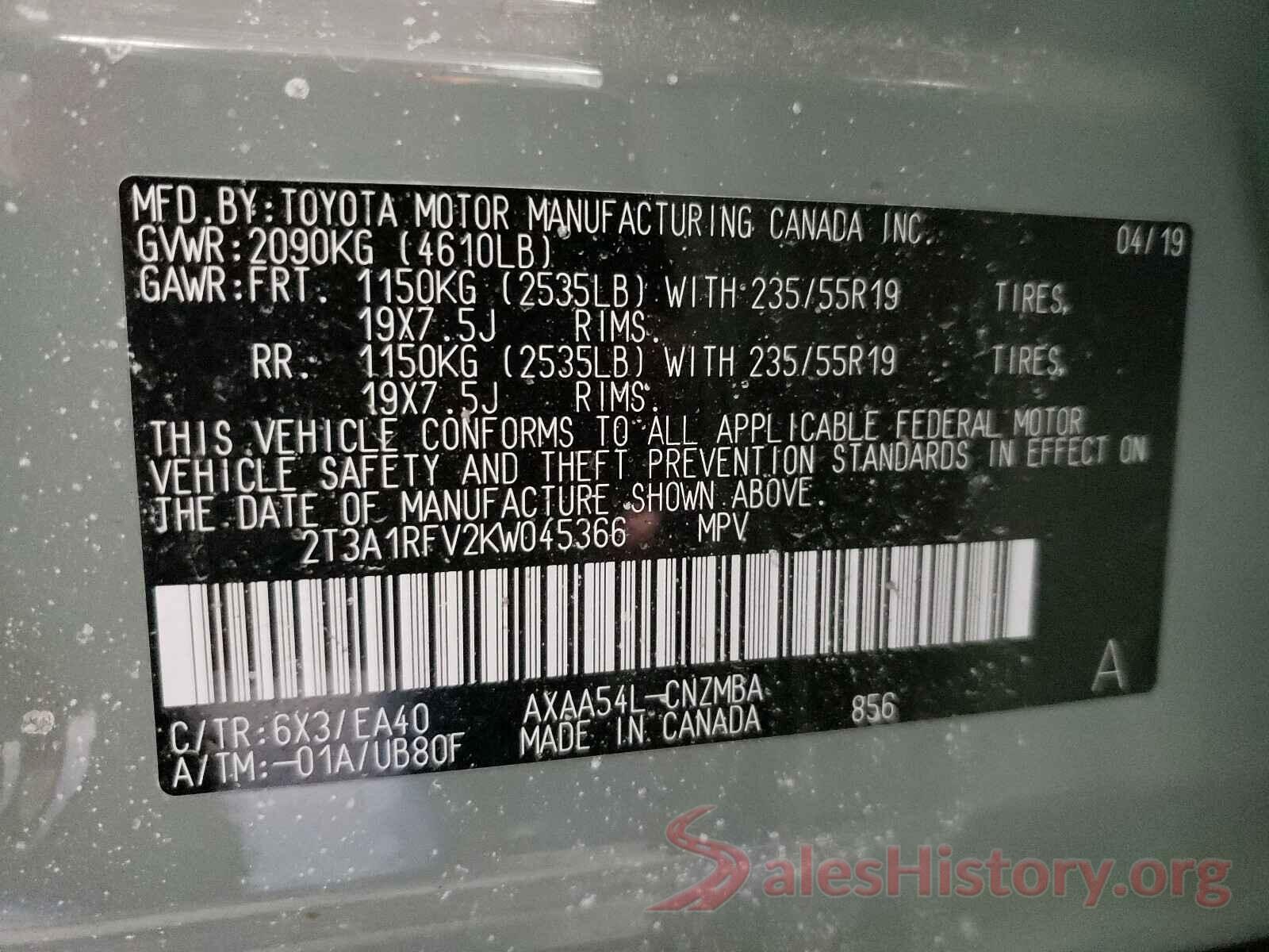 2T3A1RFV2KW045366 2019 TOYOTA RAV4