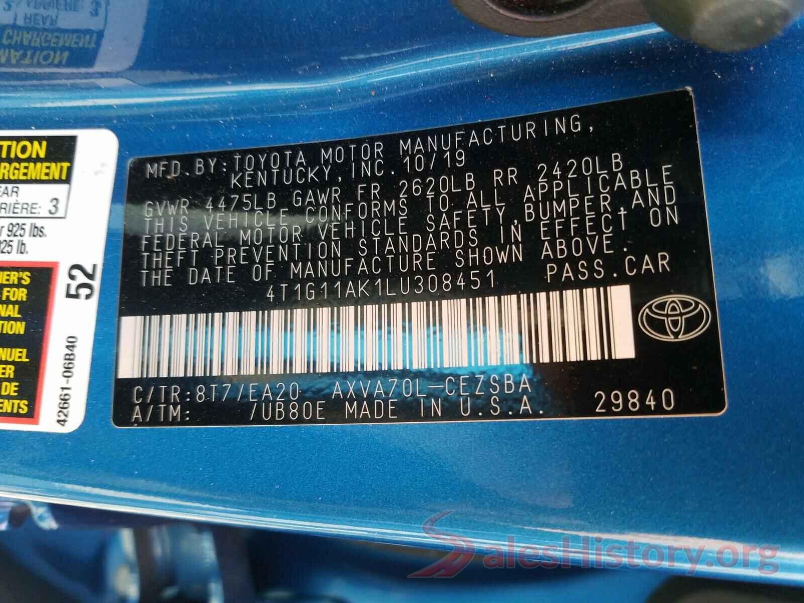 4T1G11AK1LU308451 2020 TOYOTA CAMRY