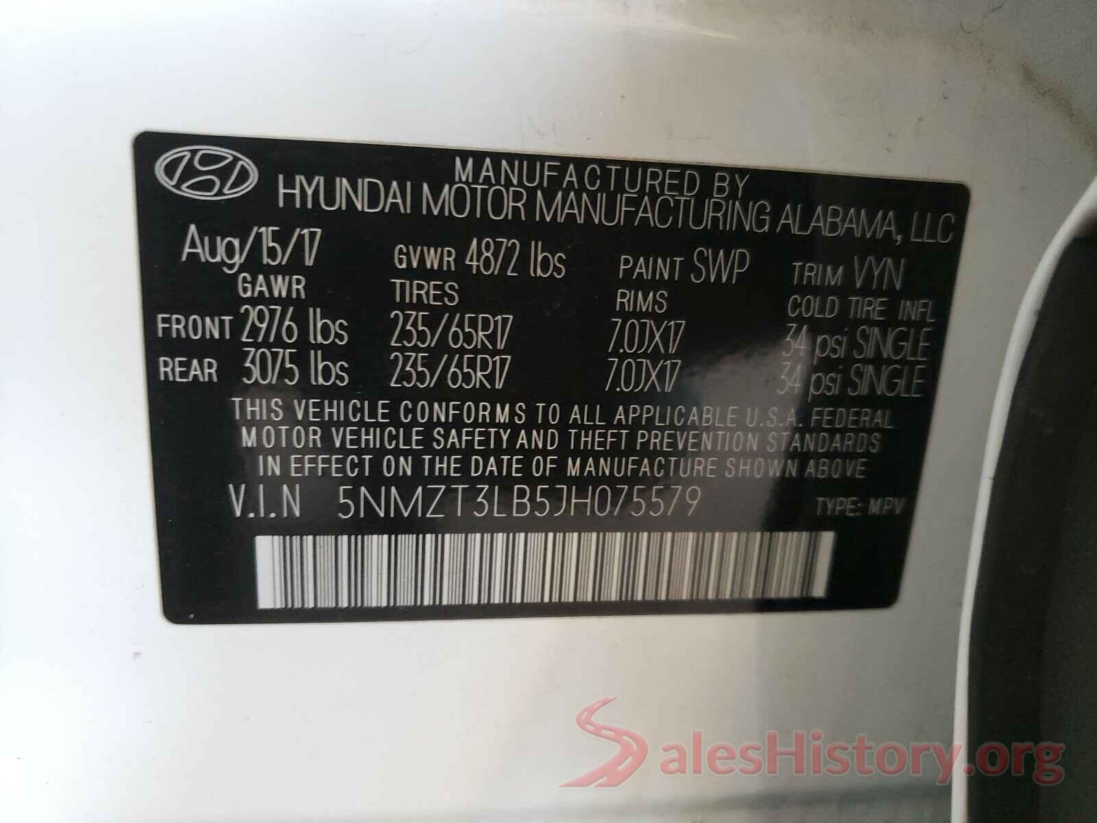 5NMZT3LB5JH075579 2018 HYUNDAI SANTA FE