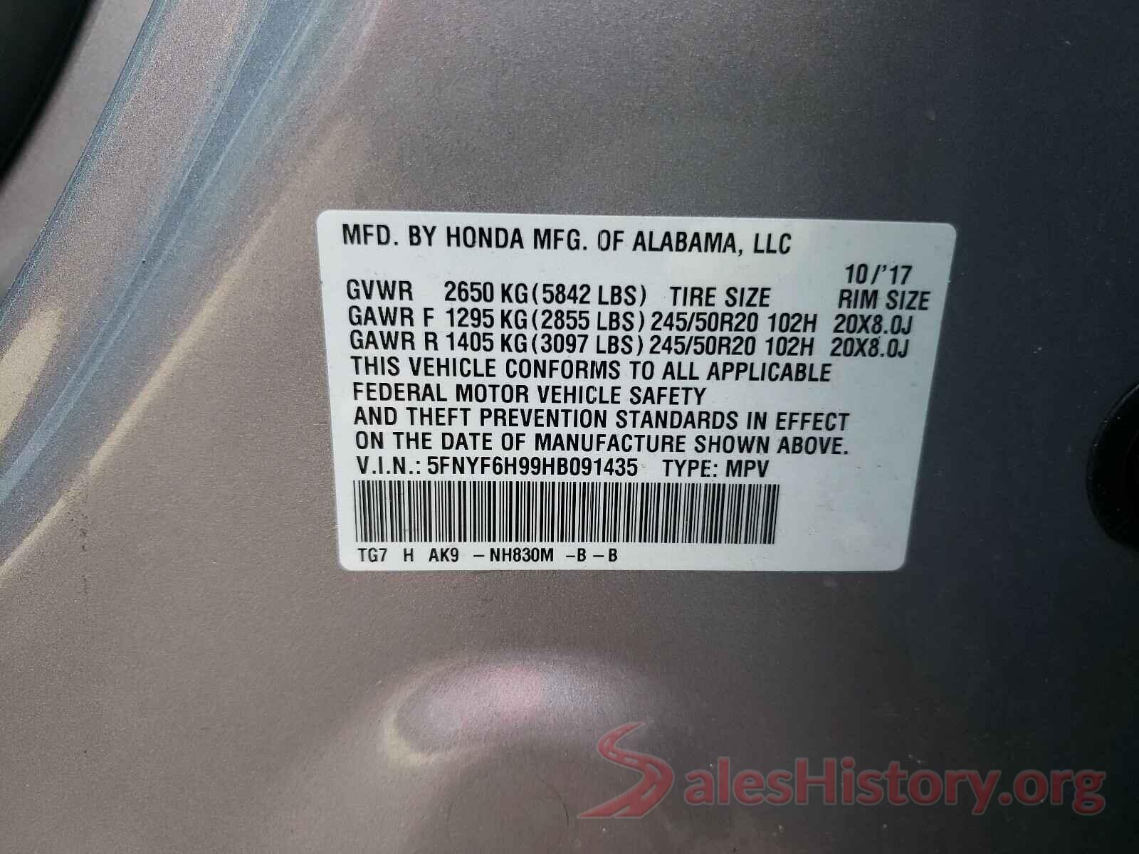 5FNYF6H99HB091435 2017 HONDA PILOT