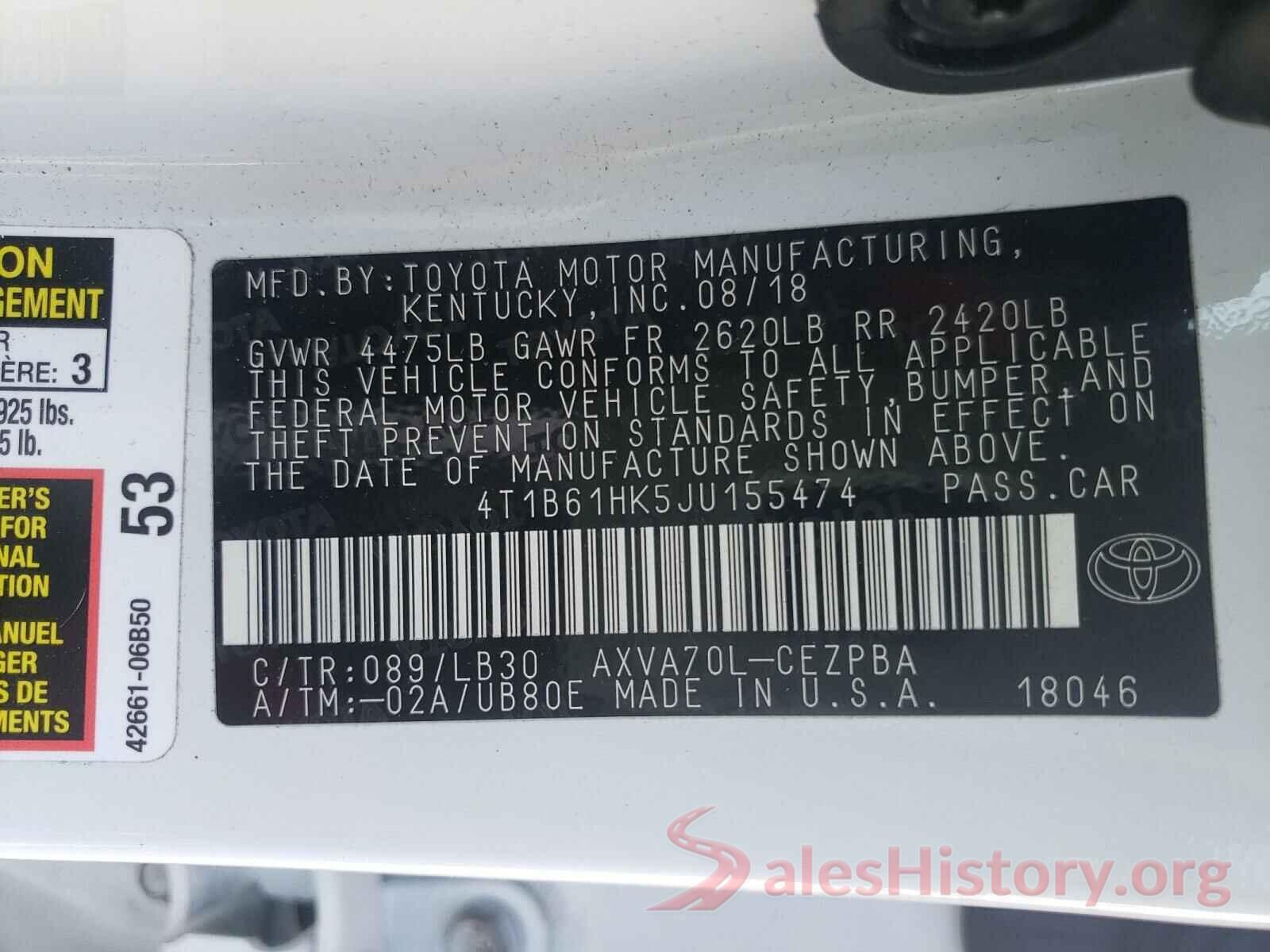 4T1B61HK5JU155474 2018 TOYOTA CAMRY