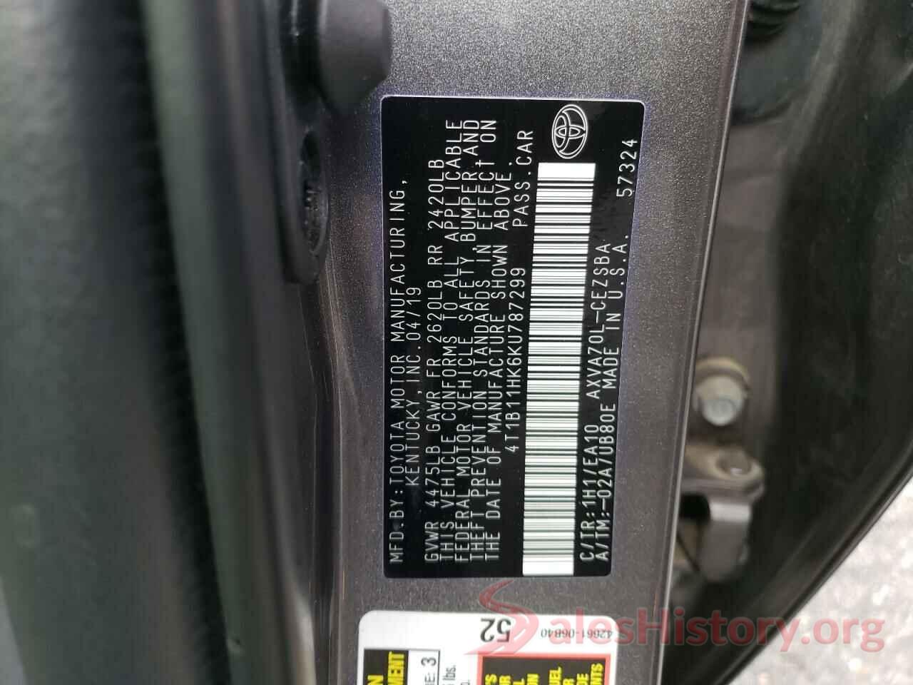 4T1B11HK6KU787299 2019 TOYOTA CAMRY