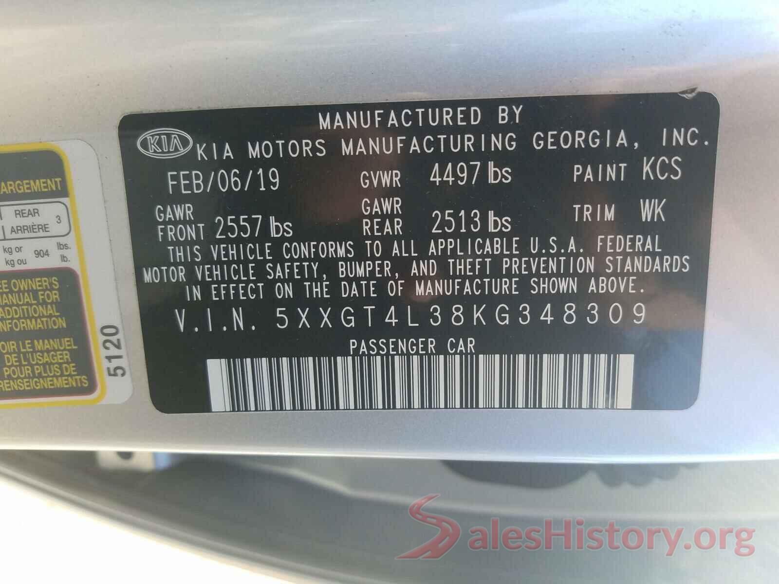 5XXGT4L38KG348309 2019 KIA OPTIMA