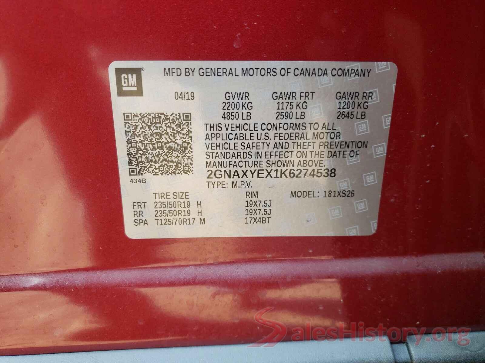 2GNAXYEX1K6274538 2019 CHEVROLET EQUINOX