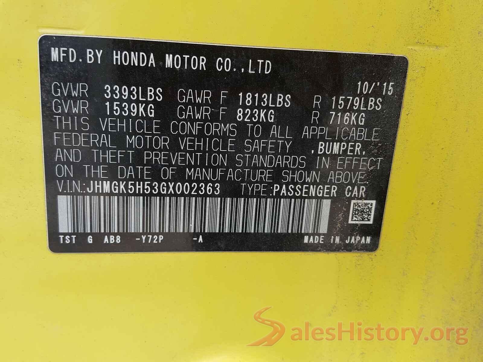 JHMGK5H53GX002363 2016 HONDA FIT