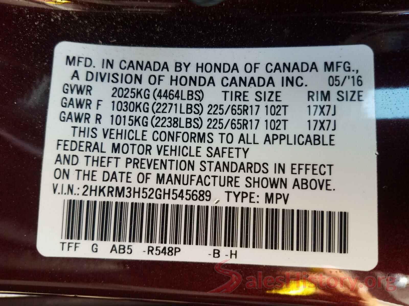 2HKRM3H52GH545689 2016 HONDA CRV