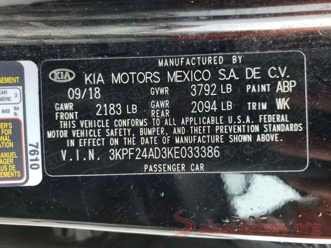 3KPF24AD3KE033386 2019 KIA FORTE