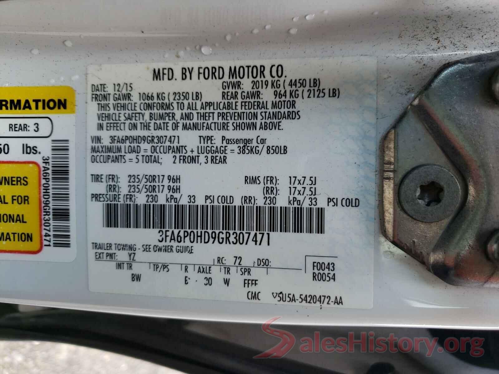 3FA6P0HD9GR307471 2016 FORD FUSION