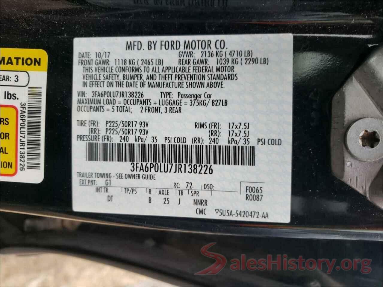 3FA6P0LU7JR138226 2018 FORD FUSION