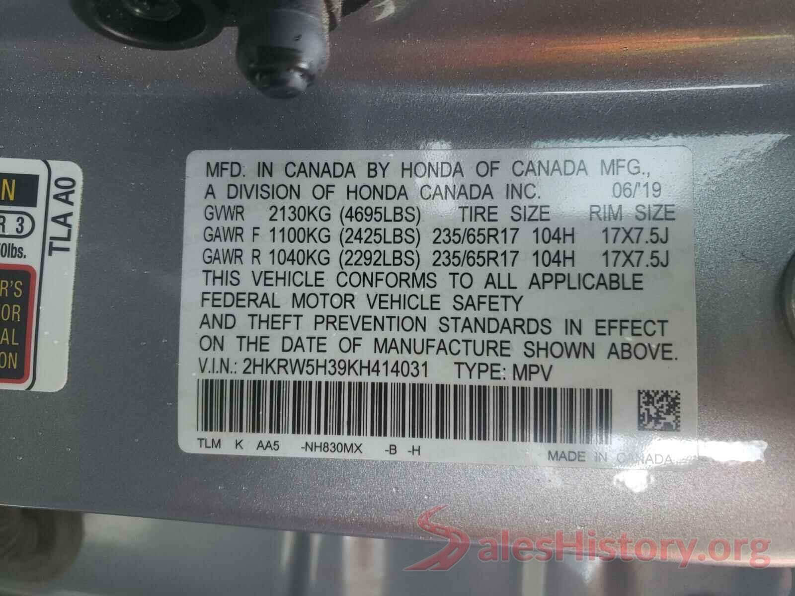 2HKRW5H39KH414031 2019 HONDA CRV