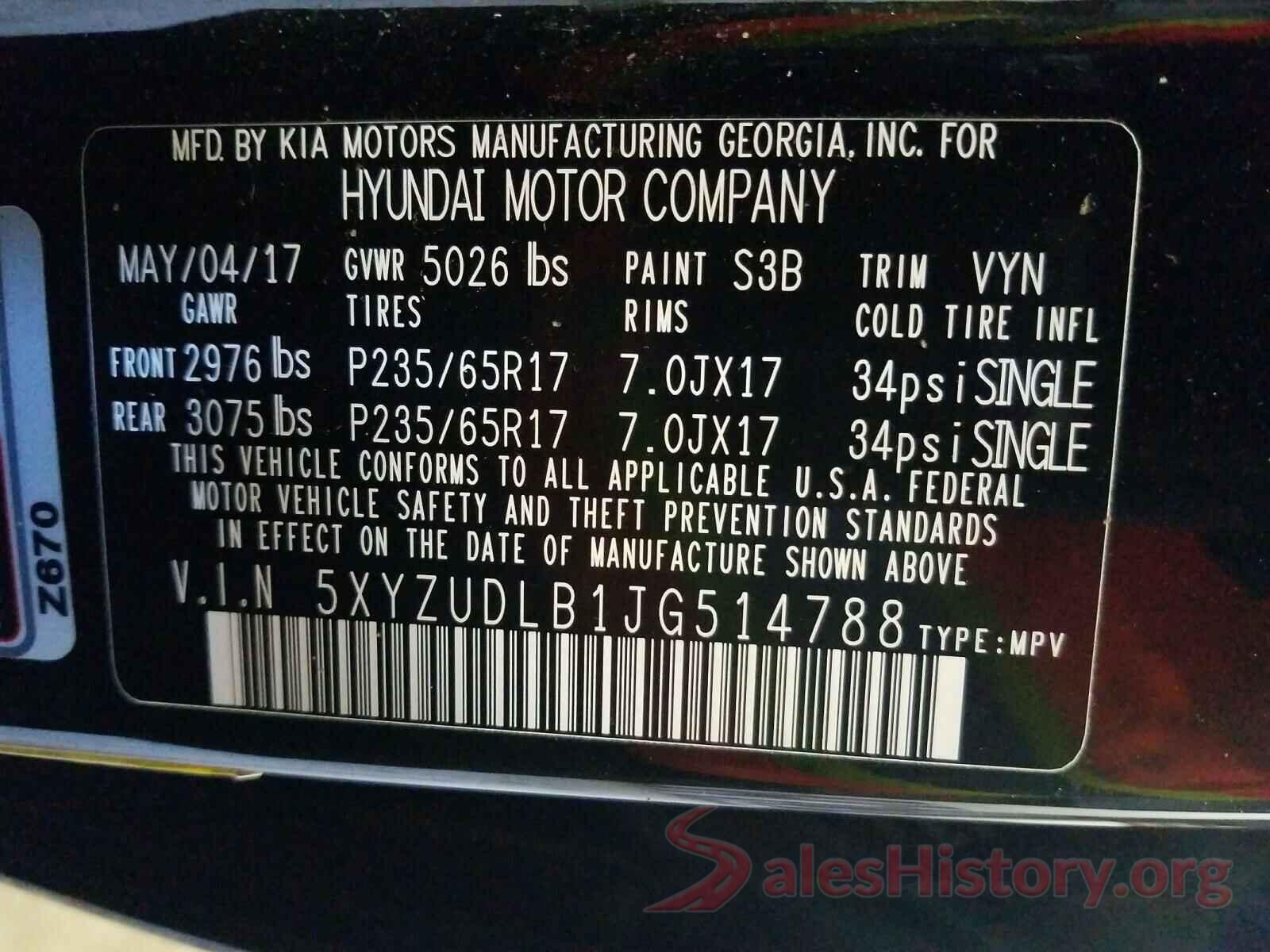 5XYZUDLB1JG514788 2018 HYUNDAI SANTA FE