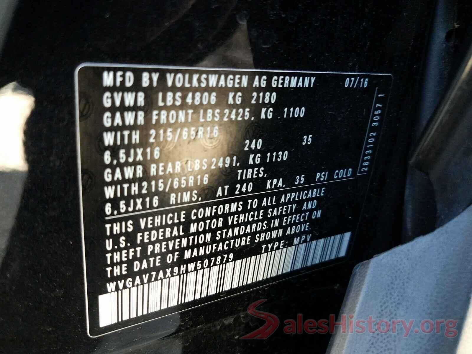 WVGAV7AX9HW507879 2017 VOLKSWAGEN TIGUAN