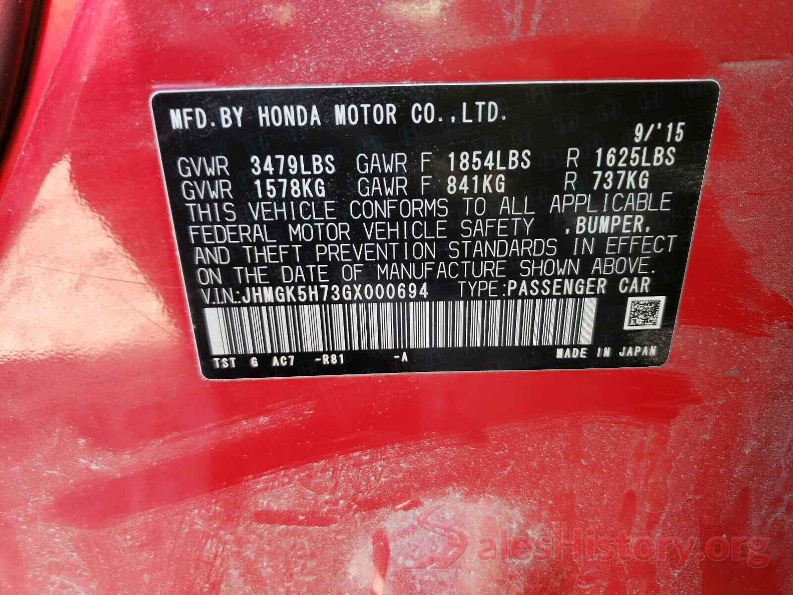 JHMGK5H73GX000694 2016 HONDA FIT