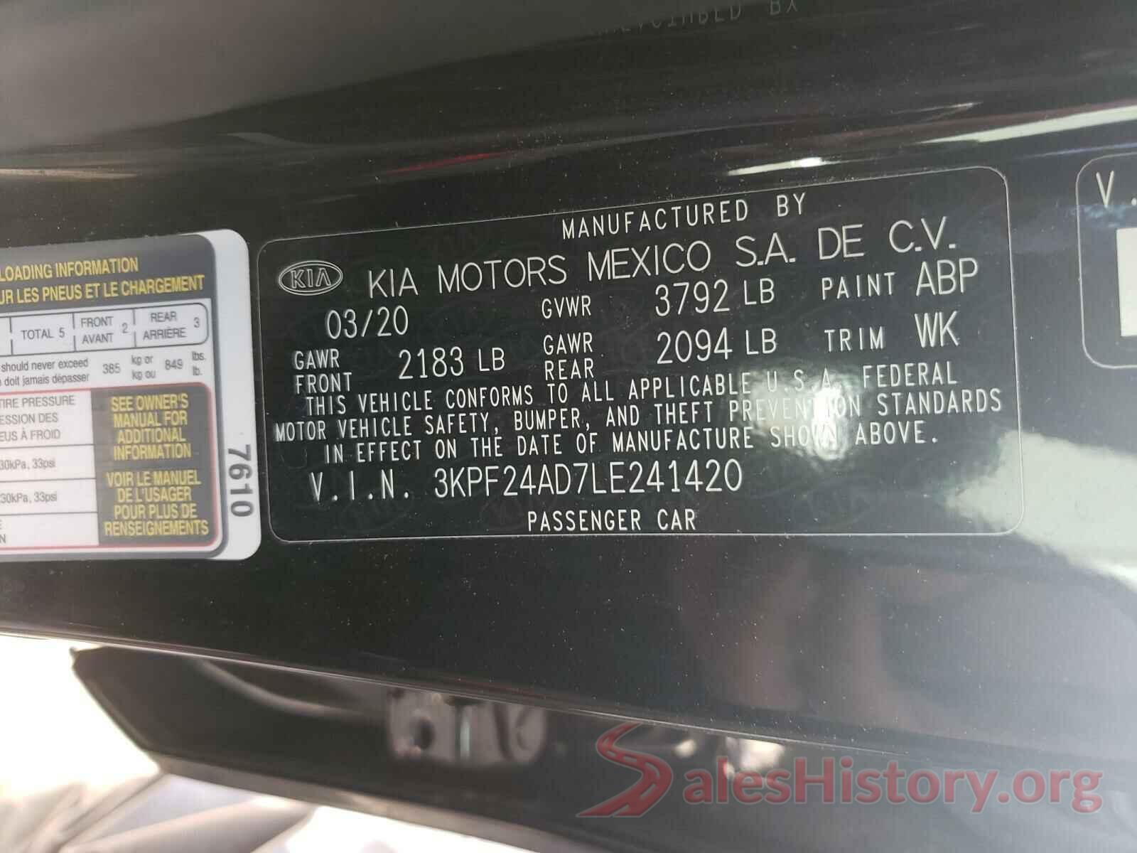 3KPF24AD7LE241420 2020 KIA FORTE