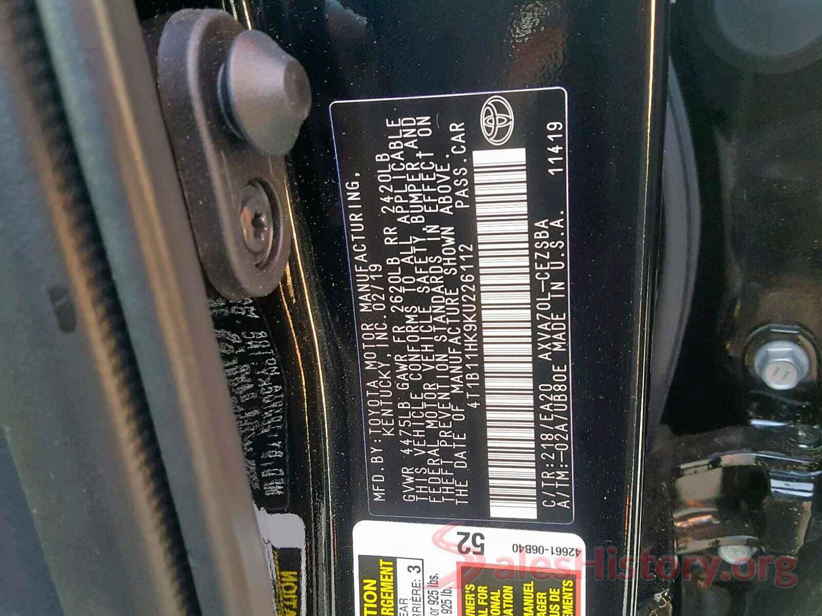 4T1B11HK9KU226112 2019 TOYOTA CAMRY