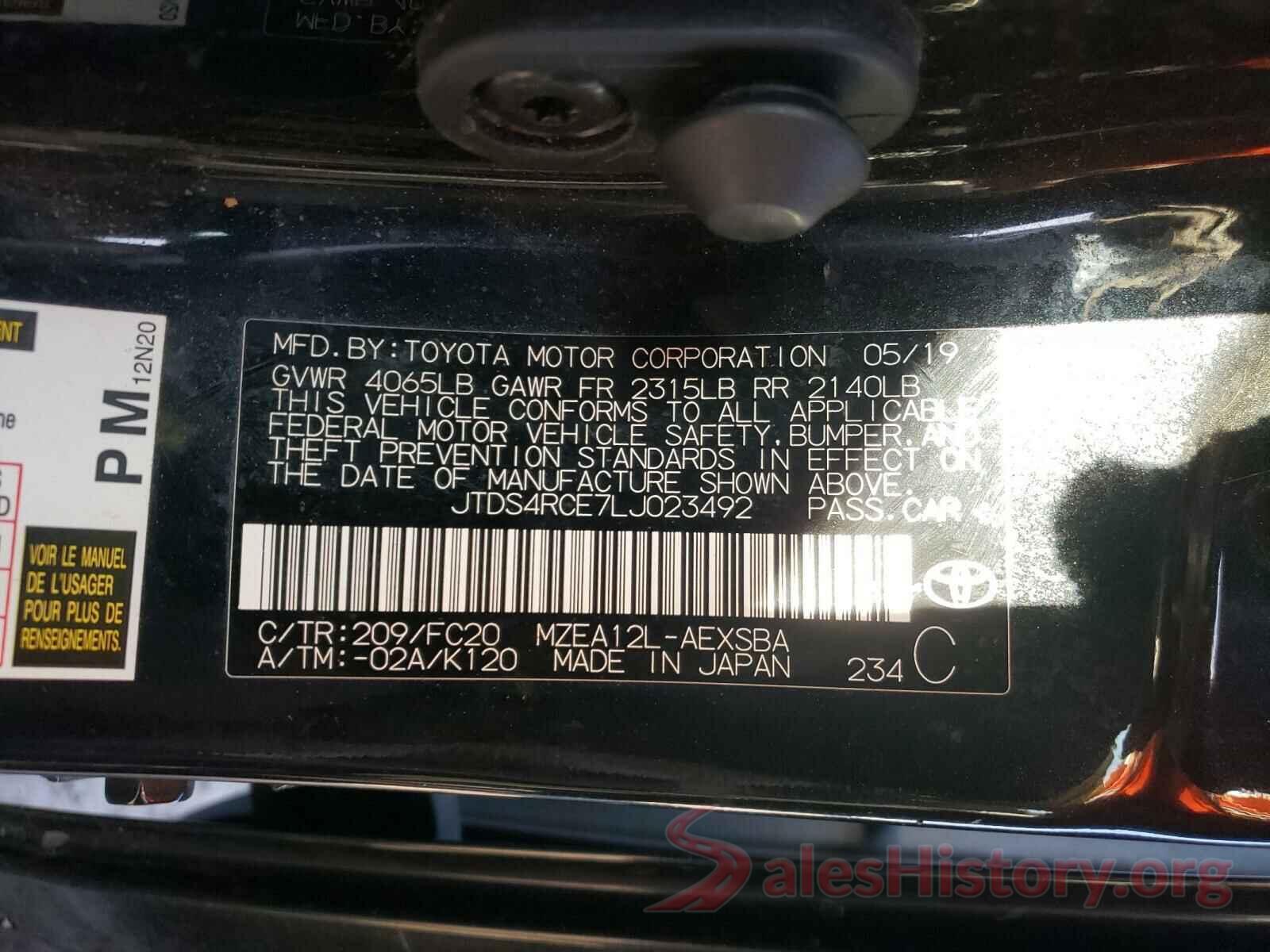 JTDS4RCE7LJ023492 2020 TOYOTA COROLLA