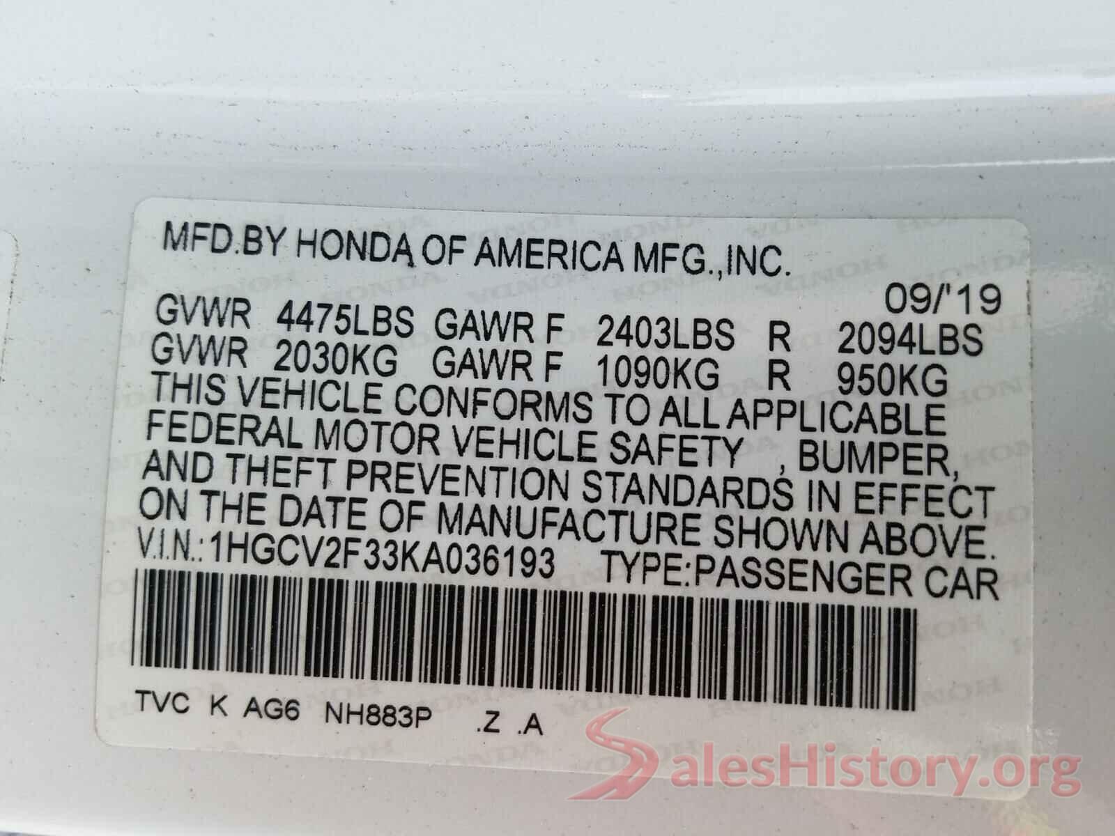 1HGCV2F33KA036193 2019 HONDA ACCORD