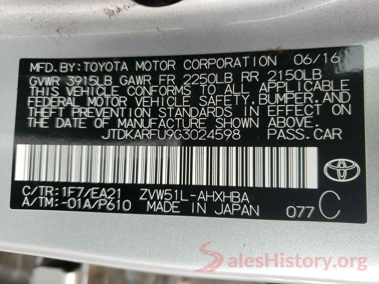 JTDKARFU9G3024598 2016 TOYOTA PRIUS