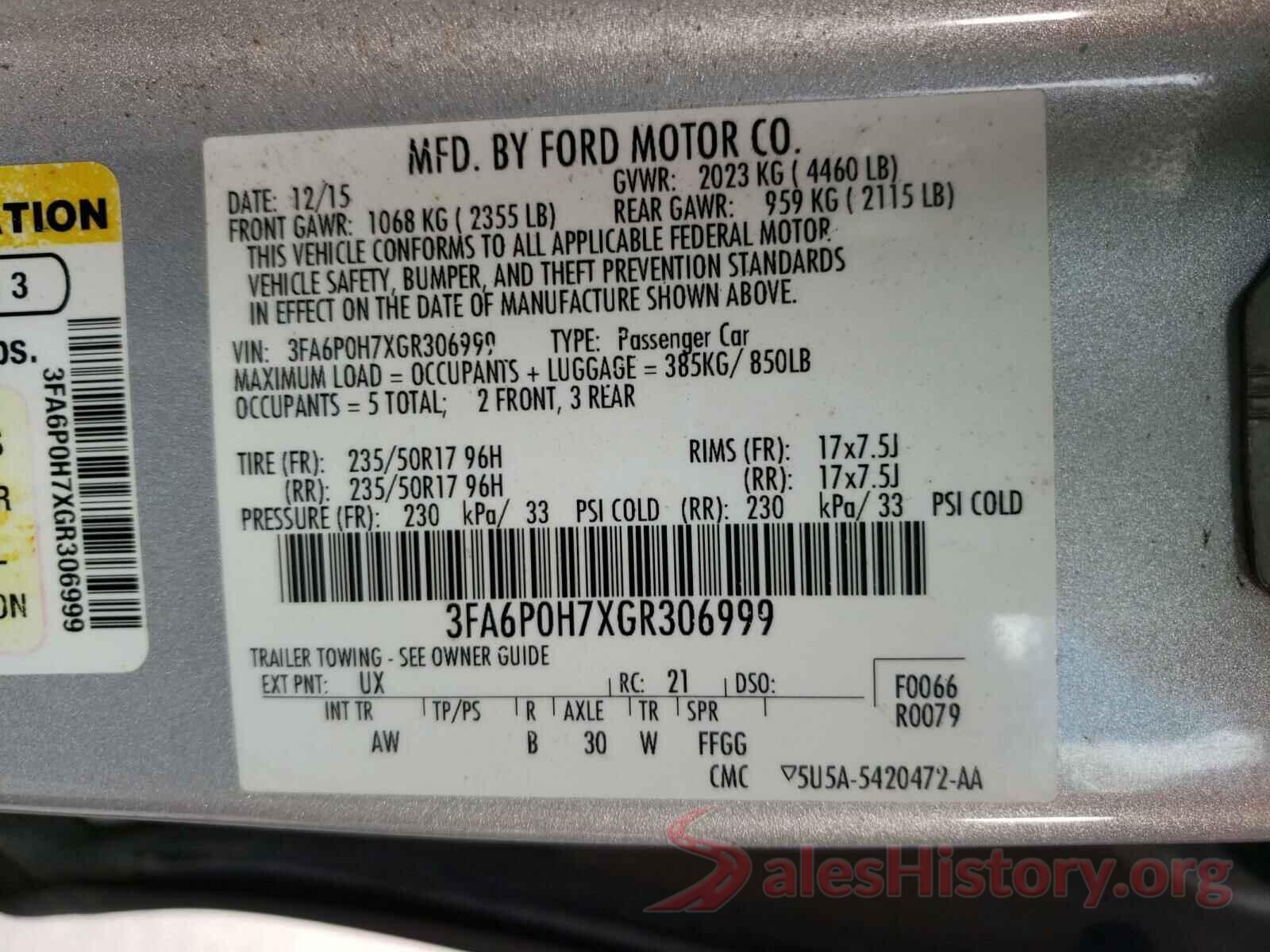 3FA6P0H7XGR306999 2016 FORD FUSION