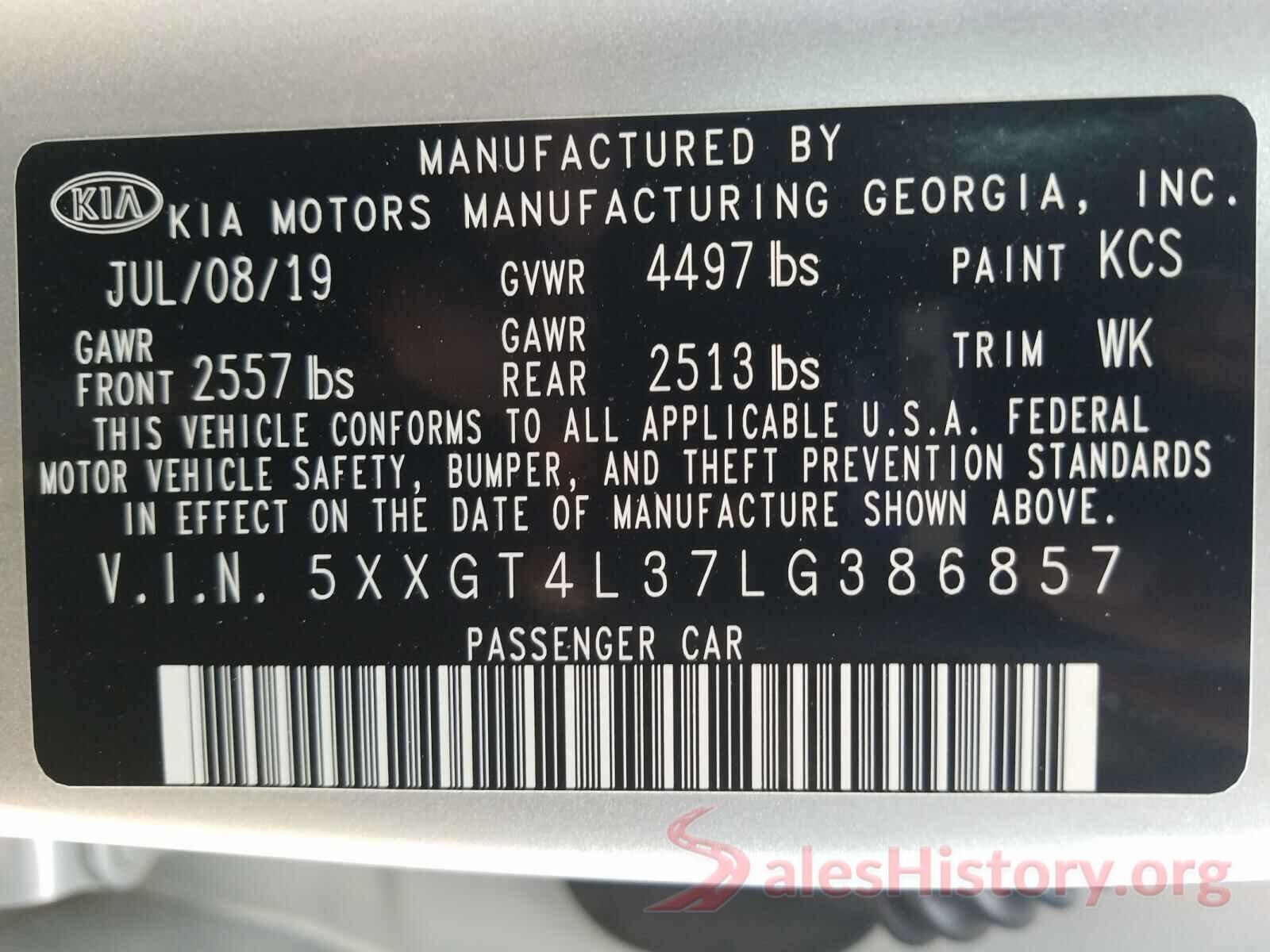 5XXGT4L37LG386857 2020 KIA OPTIMA