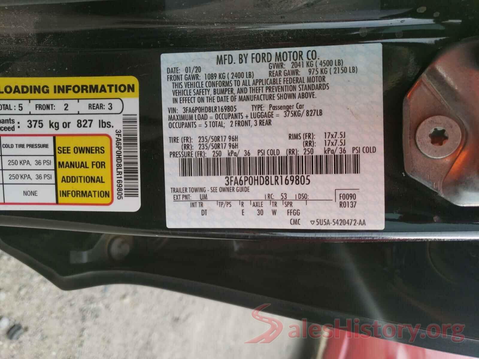 3FA6P0HD8LR169805 2020 FORD FUSION