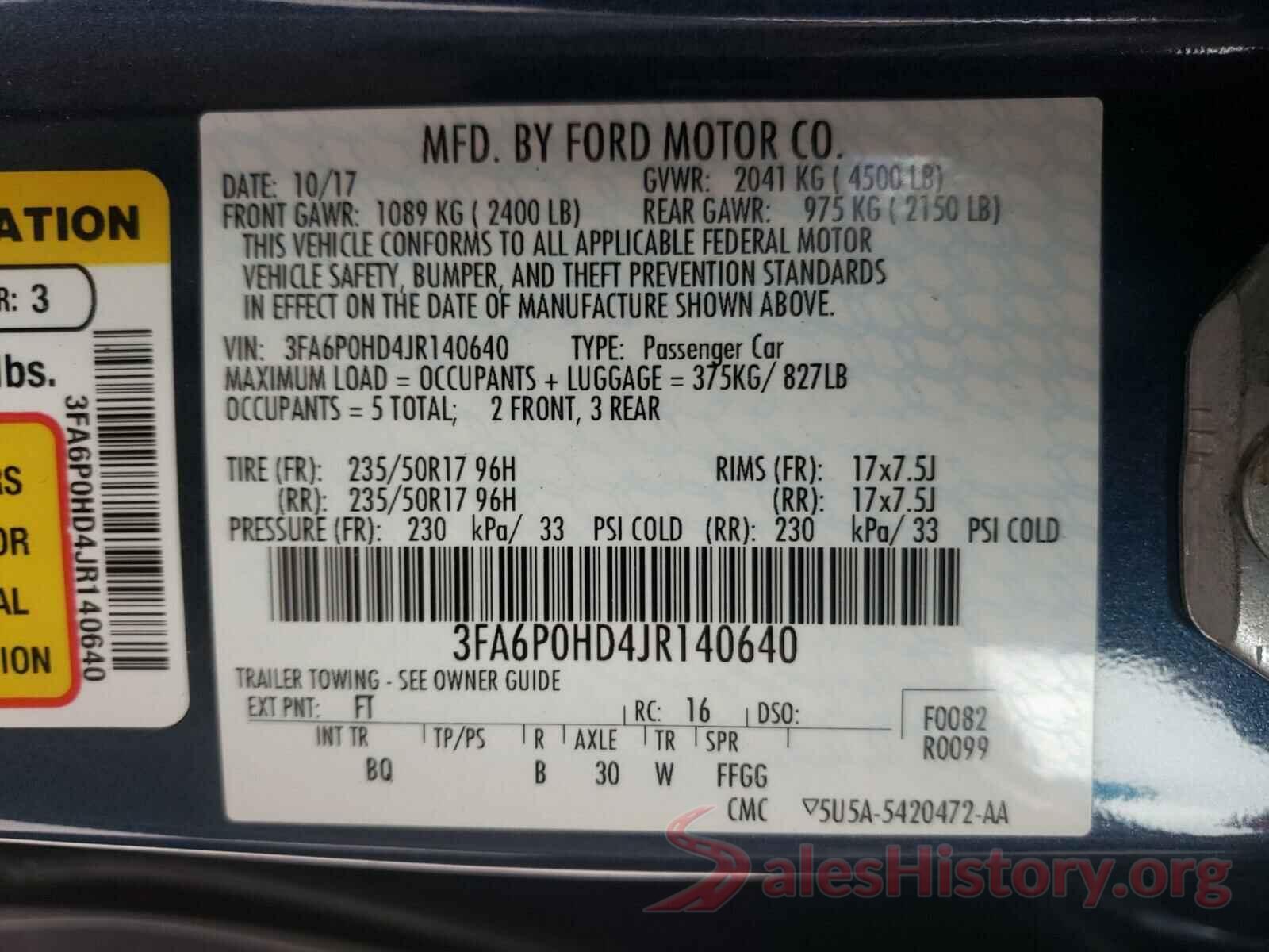 3FA6P0HD4JR140640 2018 FORD FUSION