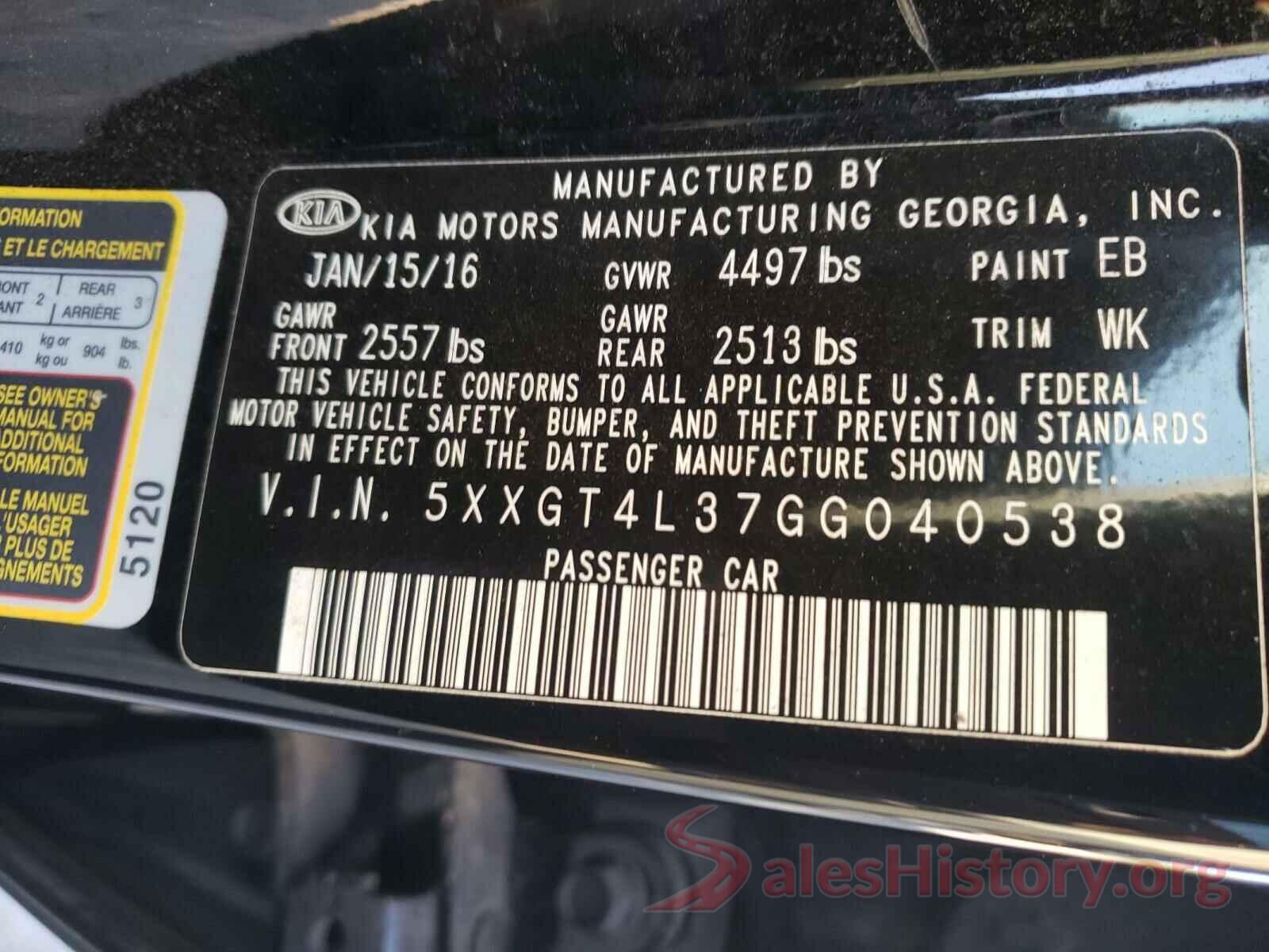 5XXGT4L37GG040538 2016 KIA OPTIMA