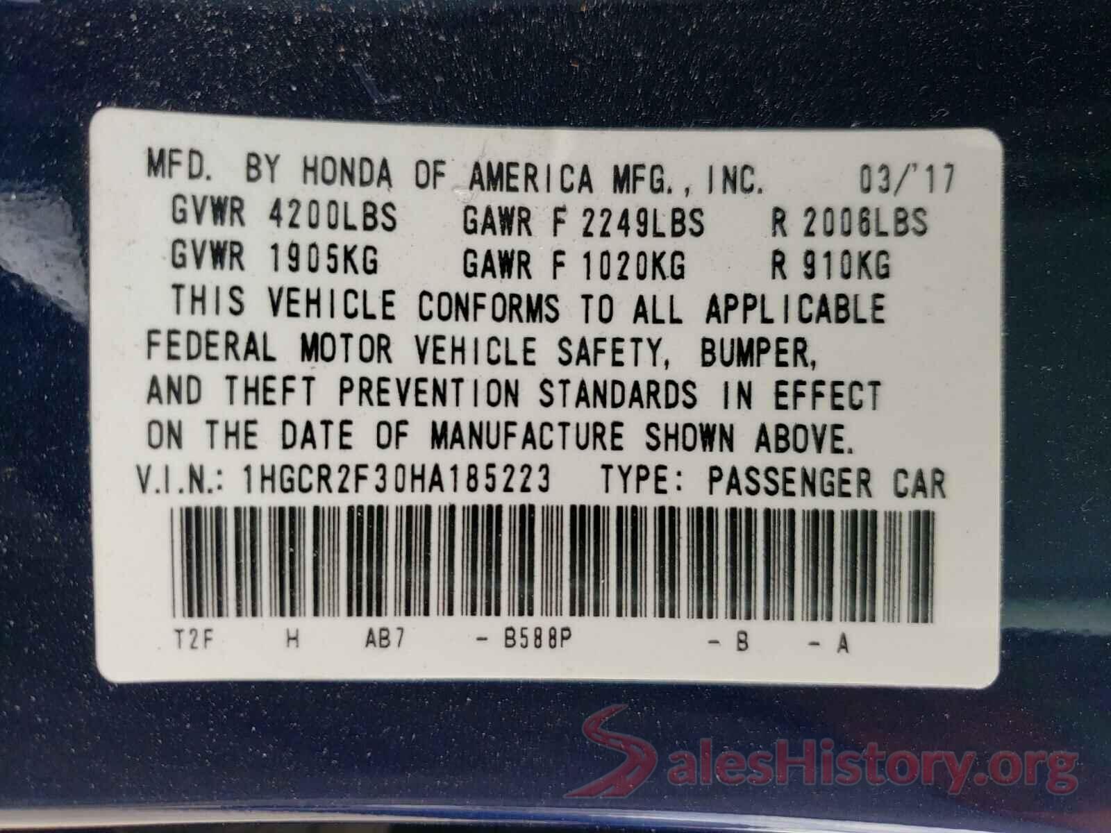 1HGCR2F30HA185223 2017 HONDA ACCORD