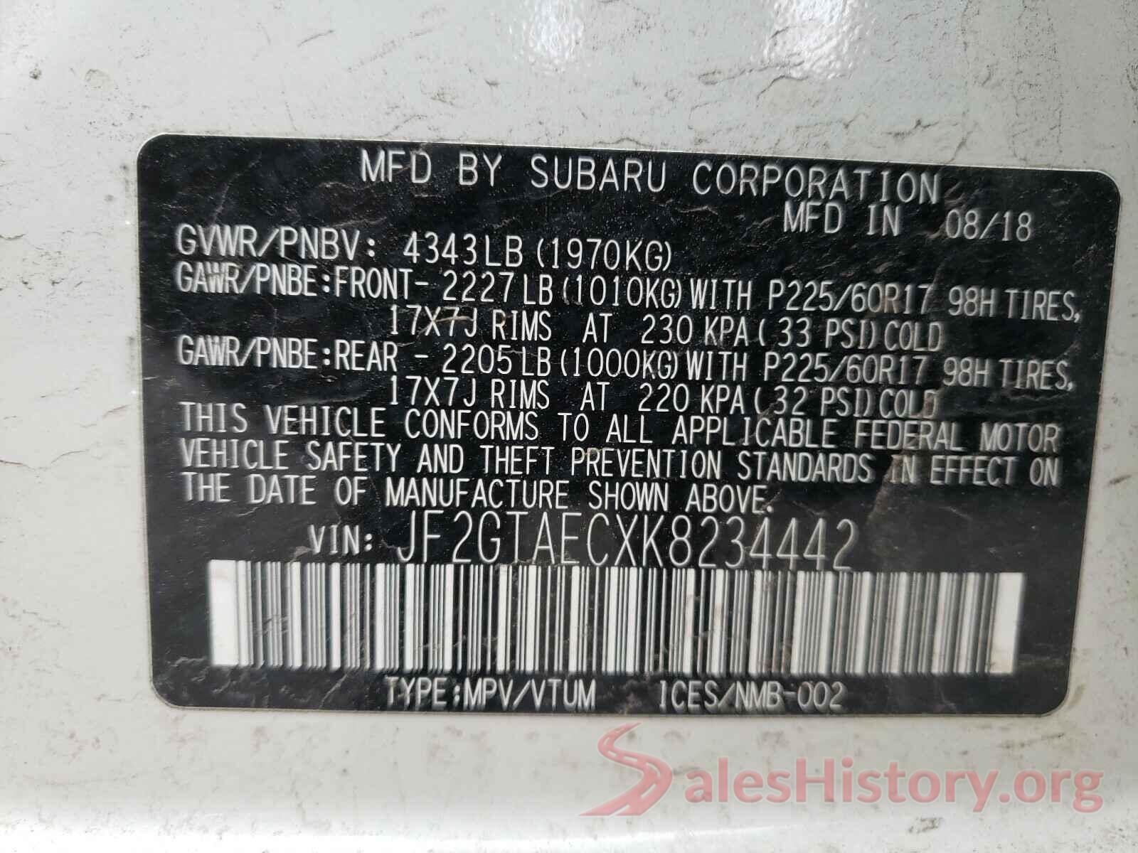 JF2GTAECXK8234442 2019 SUBARU CROSSTREK